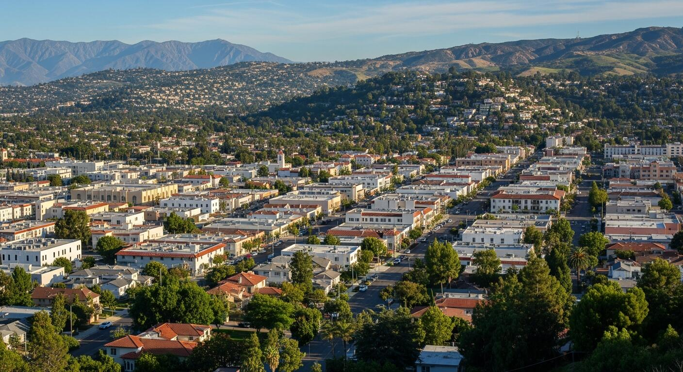 Hillside Montebello, California neighborhood with palm trees and mountain views at golden hour